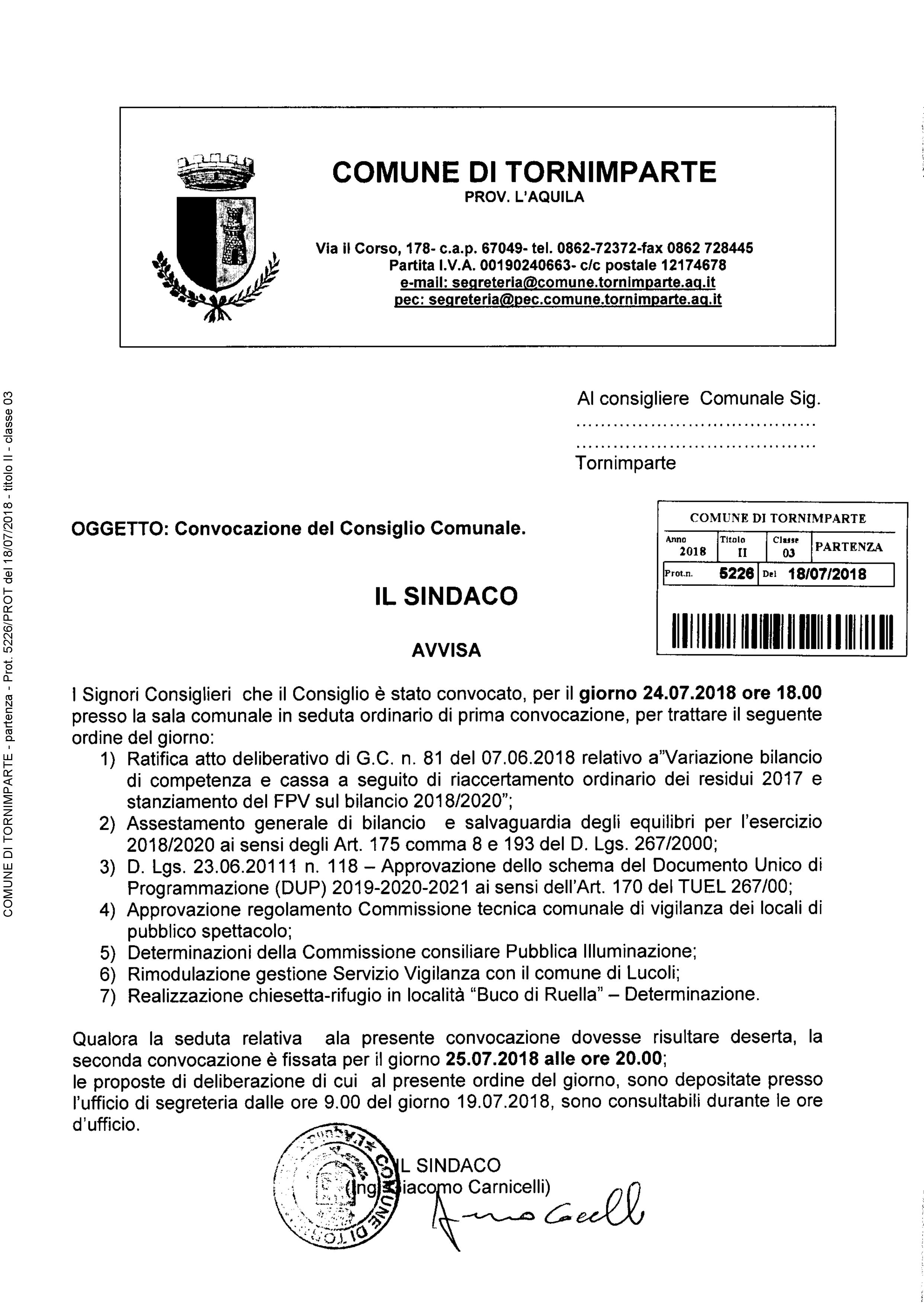 Consiglio Comunale del 24.07.2018